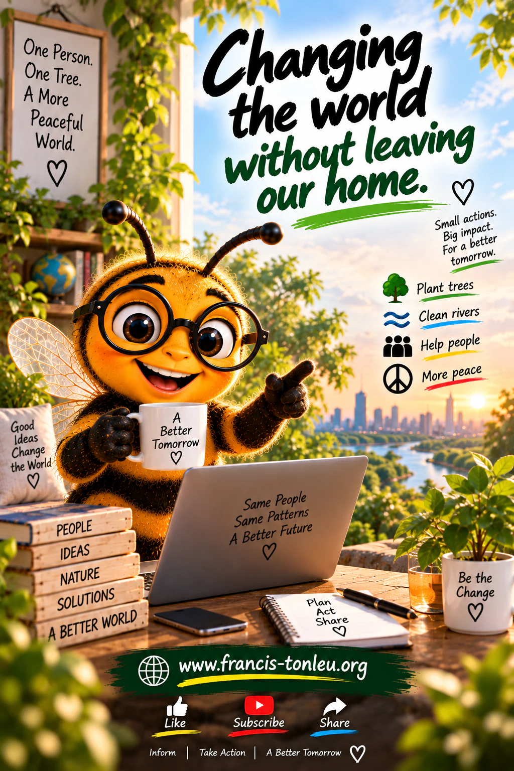 Eine Biene am Laptop zeigt, wie kleine Handlungen von zu Hause aus Menschen und Umwelt helfen können.