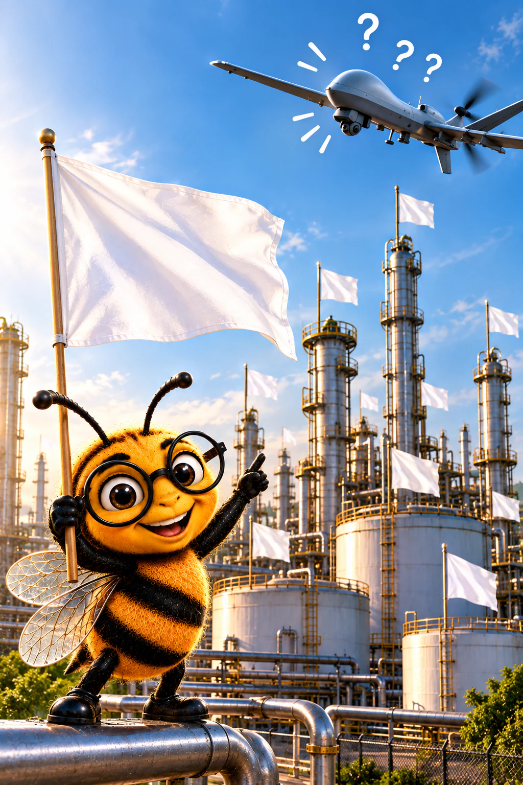 Illustration einer Biene mit weißer Flagge an einer Raffinerie, darüber fliegt eine Drohne