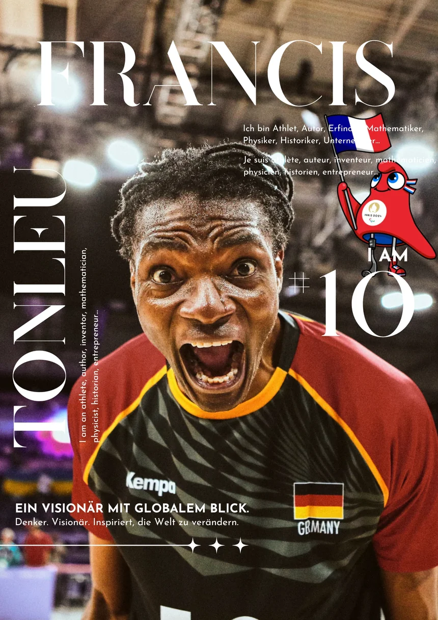 Poster mit Francis Tonleu im deutschen Nationaltrikot und der Aufschrift „Ein Visionär mit globalem Blick“