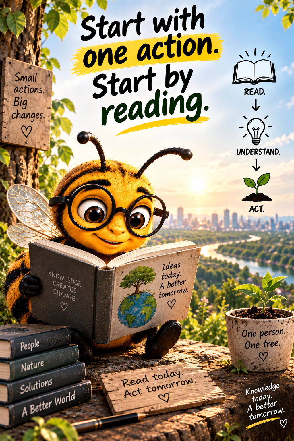 Eine Biene liest ein Buch: Lesen, verstehen und handeln.